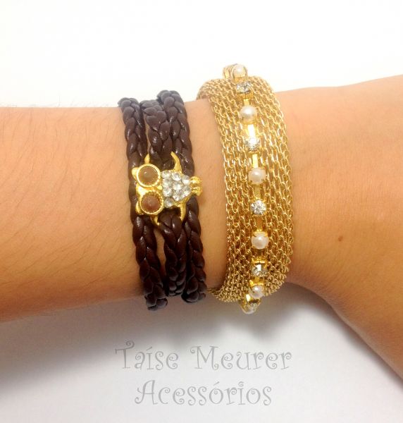 Conjunto de duas pulseiras marrom-dourado