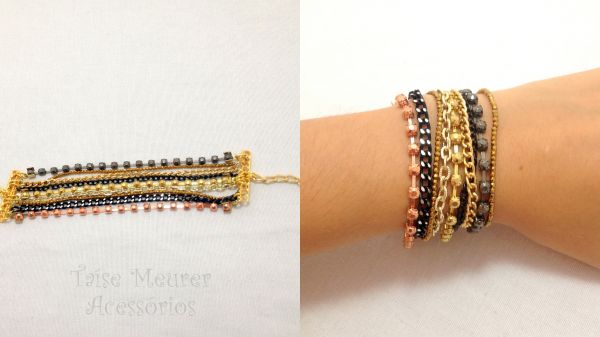 Maxi pulseira 3 cores de strass e correntes