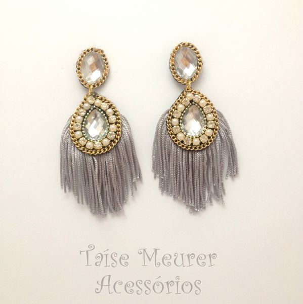 Brinco prateado tassel em leque com strass